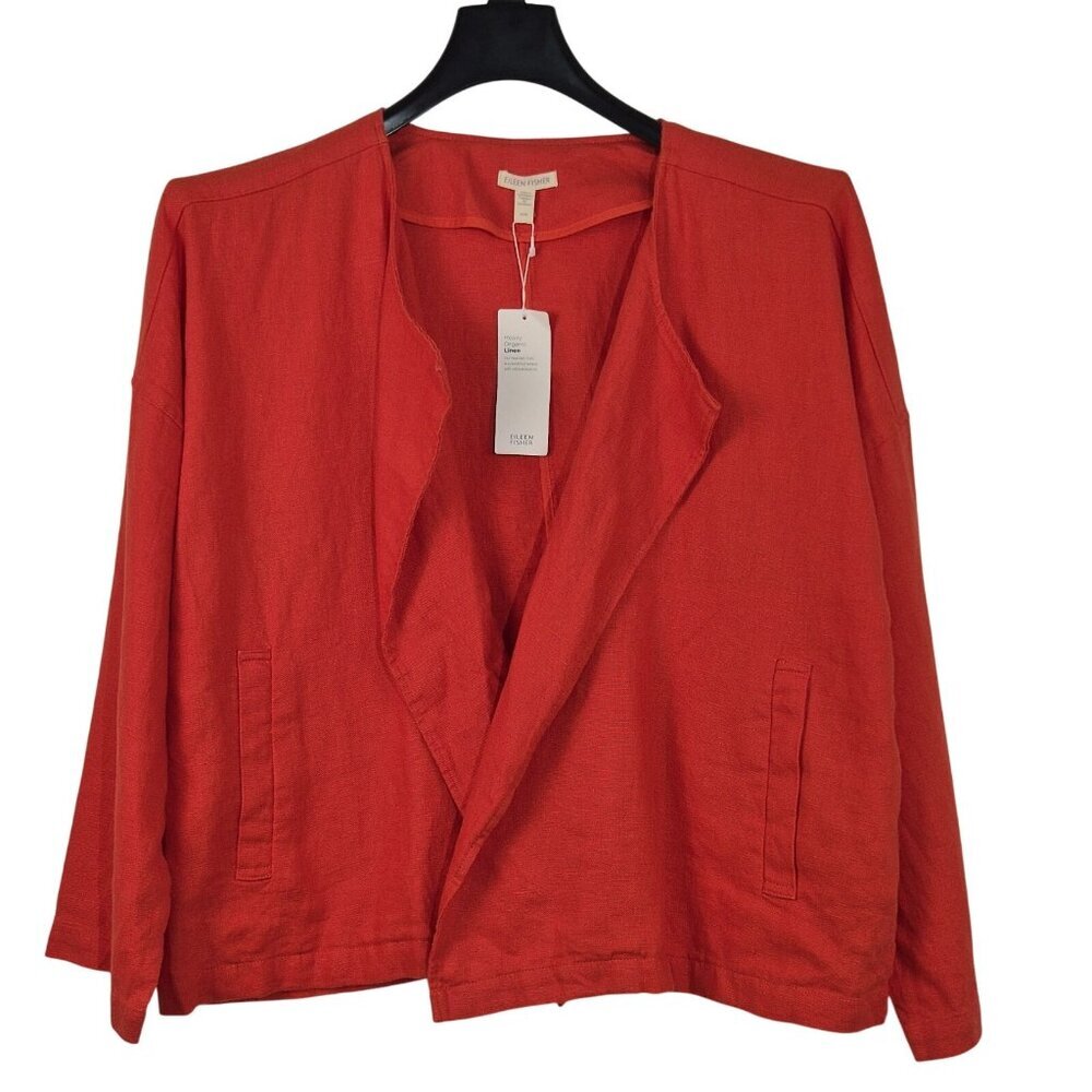 Eileen Fisher Jacket Women’s Size M Orange Heavy Linen Boxy Dbl Breasted (20)